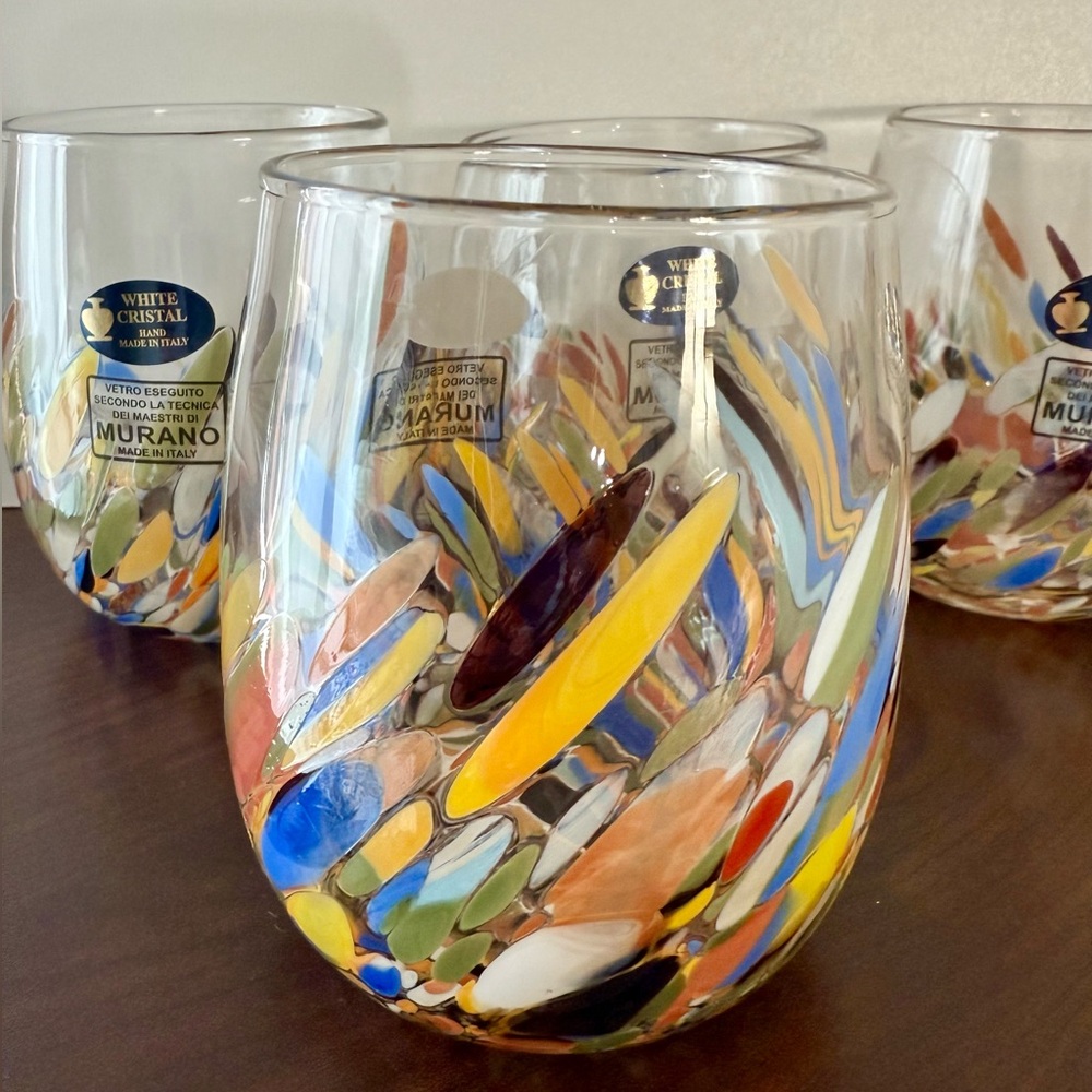 4-Set Murano Confetti Mosaic Art Glass Stemless Wine Tumblers Handmade In Italy - Picture 4 of 5